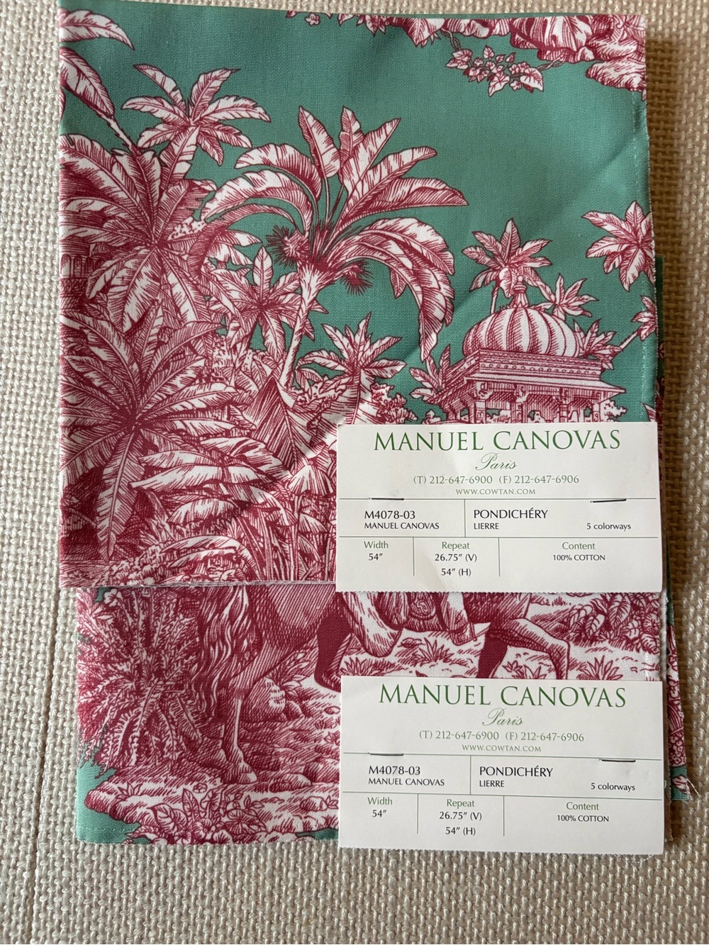 Two Manuel Canovas Fabric Samples. Pattern “ Pondichery”. NWT